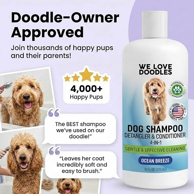 Dog Shampoo, Conditioner & Detangler-Best Shampoo for Goldendoodles, Poodles & Doodles Pet Hair -Hypoallergenic, Tearless, Sensitive Skin for Puppies & All Dog Breeds -Made in USA,16OZ (Ocean Breeze)
