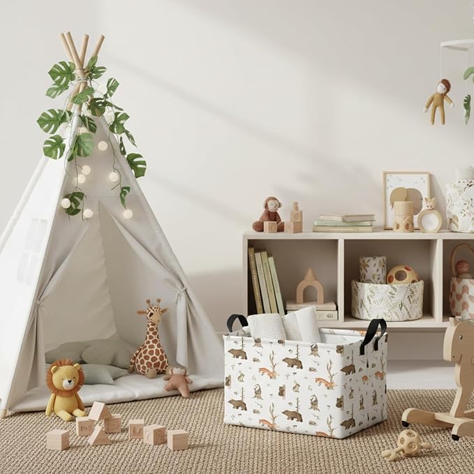 Kid Storage Basket Bear Deer Jungle Decor | Cute Nursery, Baby Toy Clothes Storage Bin, Playroom Bedroom Decor