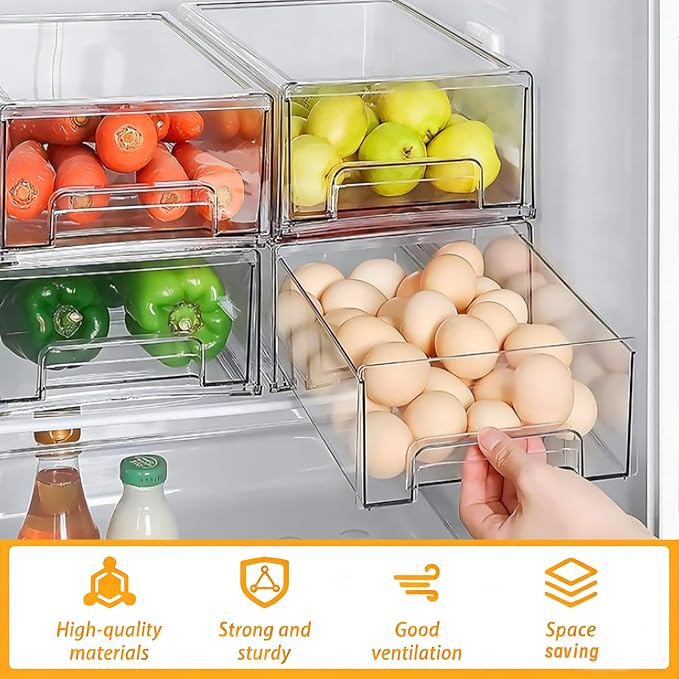 2 Pack Fridge Drawers with Lids, Stackable Pull-Out Food Bins with Lid & Vent System, PET Containers for Fruits, Veggies & Canned Goods - Versatile for Refrigerator, Freezer & Pantry