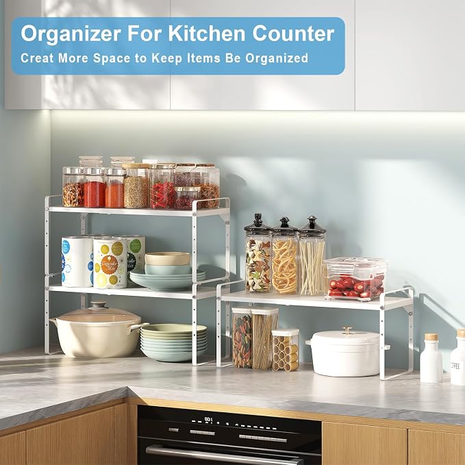 15.5 to 25.5 Inch Kitchen Cabinet Shelf Organizers, Adjustable Kitchen Counter Shelf Organizer, Set of 3 Expandable Countertop Storage Shelves, Stackable Design, 30LBS Heavy Duty, Space Saver