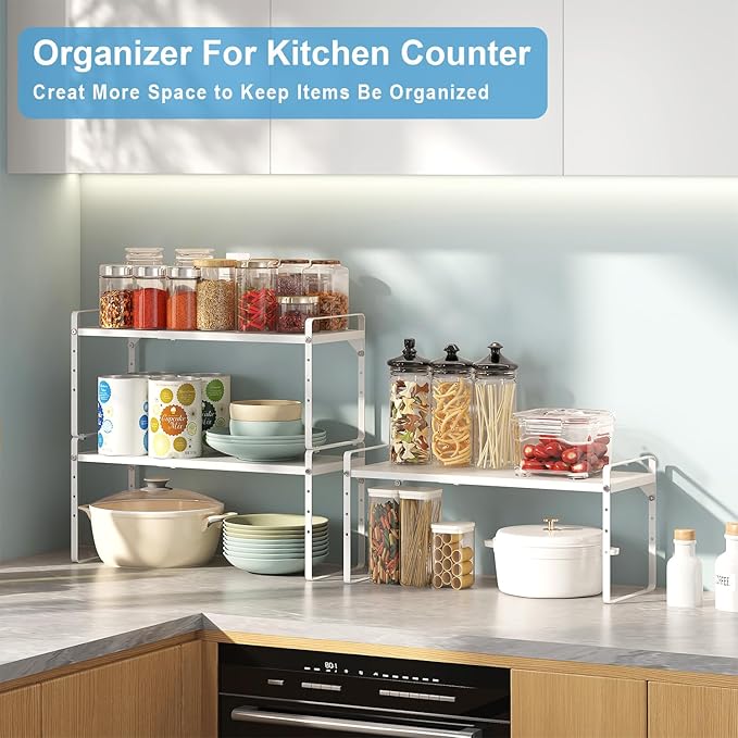 15.5 to 25.5 Inch Kitchen Cabinet Shelf Organizers，Kitchen Shelf Organizer | Adjustable Counter Organizer, Set of 4 Expandable Countertop Storage Shelves, Stackable Design, 30LBS Heavy Duty, Space Saver