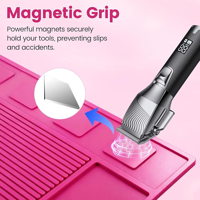 Magnetic Barber Mat for Clippers, Station Organizer with 4 Magnets | Silicone Material, Anti-Slip Surface, Heat-Resistant, Waterproof, Easy Clean, Tool Slots Design, For Barbershop & Salon