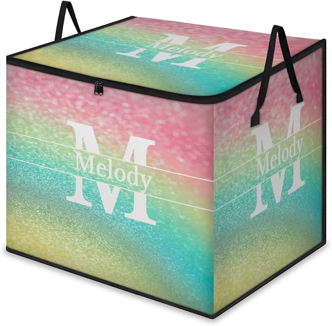 Personalized Storage Bags Large Organization Storage Containers for Comforters, Bedding, Blanket Foldable Organizer with Reinforced Handle, Colorful Pink Yellow Blue Glittering with Initial Letter