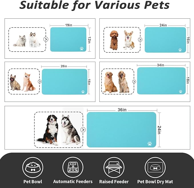 HotLive Dog Food Mat - Absorbent Cat Mat for Food and Water, No Stains Pet Feeding Bowl Mat, Easy to Clean Pet Placemats, Quick Dry Dog Water Dispenser Mat for Messy Drinkers | Paw Teal 24"x36"