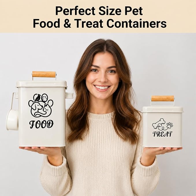 Airtight Dog Treat Container Set of 2 | Iron jars, 26 cup capacity, food-grade coated, includes 1 scoops, keeps treats fresh, fits kibble & biscuits, white