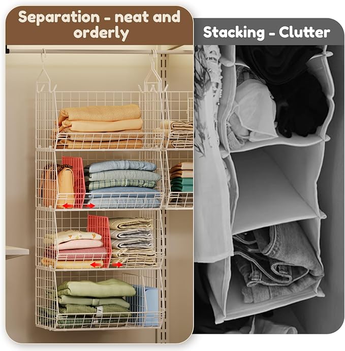 4 Tier Extra Large Hanging Closet Organizer ,Closet Organizer Hanging with 5 S Hooks 4 Dividers,Clothes Organizer Clothing Sweaters Clutches Handbags Hats Accessories-White