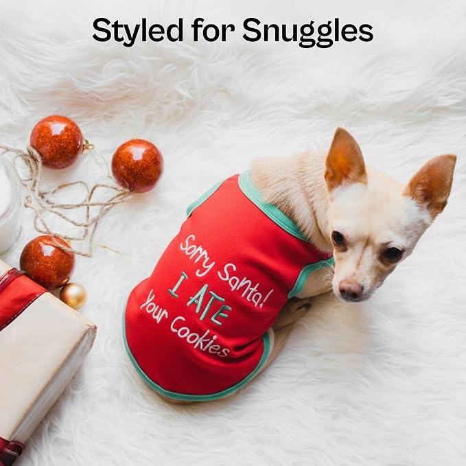 Parisian Pet Dog Tshirt - Embroidered “ Sorry Santa I Ate Your Cookies “ Dog Shirt - Lightweight Cotton Pet Christmas Outfit - Sleeveless Christmas Puppy Clothes - Shirts for Small Dogs - XXS