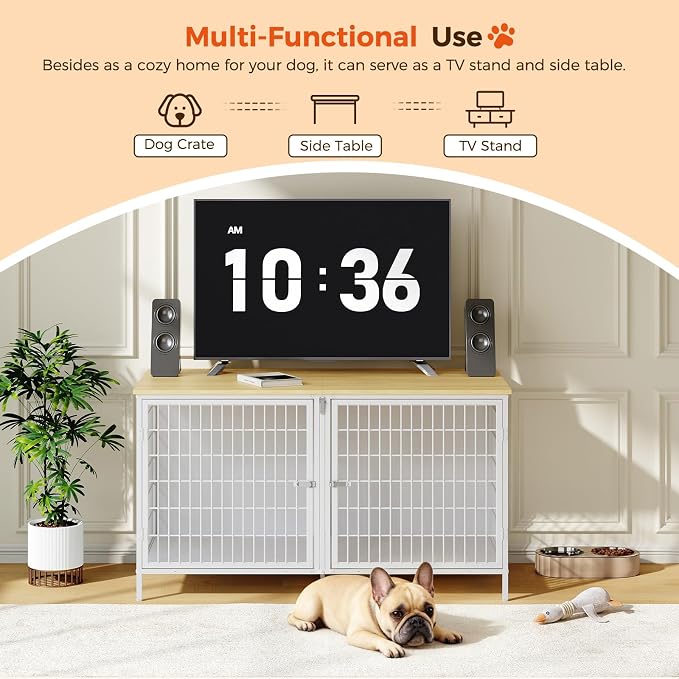 MAHANCRIS Dog Crate Furniture for 2 Dogs, 43.3" Dog Kennel with Removable Divider, Heavy Sturdy Dog Furniture Style Double Cage for Small Medium Dogs, Indoor Pet House End Table, Natural and White