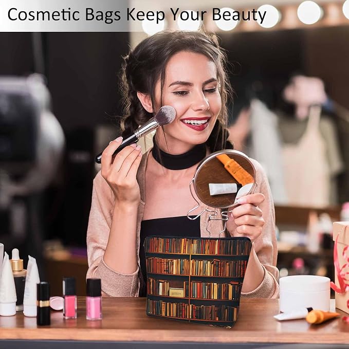 Vintage Library Bookshelf Makeup Bag for Purse, Travel Toiletry Pouch, Cosmetic Organizer, Old Books Pattern Flax Pencil Case for Men and Women