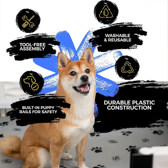 EZclassic Dog Whelping Box - Washable Pee Pad, Small 38"x38"x18" | Dog whelping box for small dogs features safety rails and liner with black pawprint design for easy cleaning and comfort