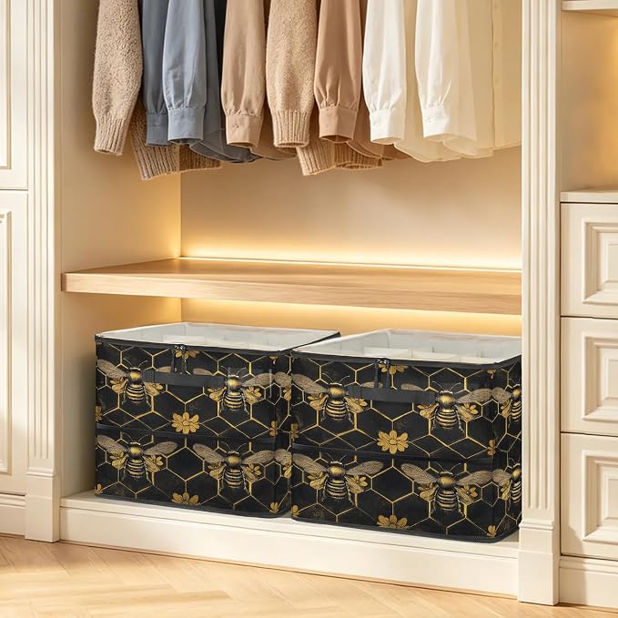 TropicalLife Vintage Bee Honeycomb Shoe Organizer for Closet | Golden Flower Foldable Shoe Storage Organizer Box Bin with Adjustable Dividers and Clear Cover, Fits up to 16-32 Pairs