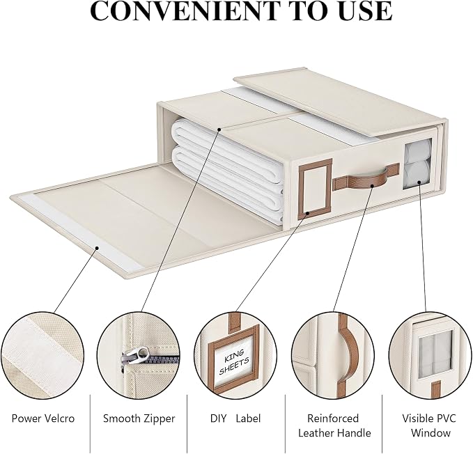 3 Pack Foldable Bed Sheets Set Organizers and Storage(King & Queen Size),Linen Fabric Closet Organizers with Window,Folding Bedding Storage Box for Bedsheets and Pillow Cube Organizer-Beige