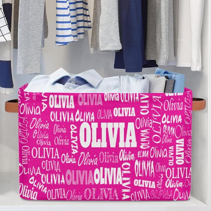 Custom Foldable Storage Basket with Name, Laundry Hamper Deep Pink | Organizing Boys Girls Pets Toys Closet Shelf Clothes Books
