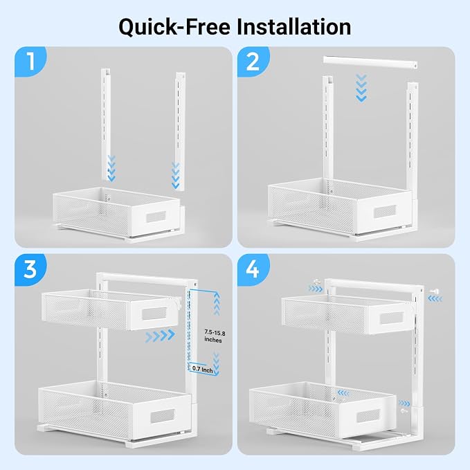 TISTAYA Pull-Out Under Kitchen Sink Organizer, Metal Functional Under Sink Organizer, Height Adjustable Under Bathroom Sink Organizer, Under Sink Storage for Kitchen Bathroom Cabinet (White)