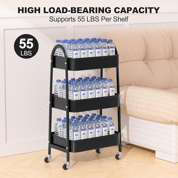 3 Tier Rolling Cart, Large Metal Storage Cart with Handle and Lockable Wheels, Big Multifunctional Storage Organizer Trolley with Mesh Baskets for Kitchen, Living Room, Office, Garage (Black)