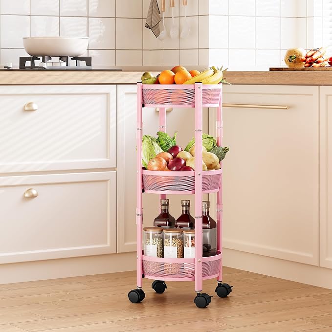 TOOLF 3 Tier Foldable Rolling Cart, Metal Utility Storage Cart, Pink | Assembly-Free, Lockable Wheels, Round Trolley Organizer for Bathroom, Kitchen, Office, Dorm, Laundry, Craft Room