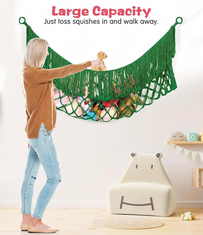 Stuffed Animal Hammock - Extra Large 63'' Long (Emerald green) | Premium Cotton Hand-knitted, Beautiful Long Tassel, Storage Hanging Organizer, Can Fit Stuffed Animals 40 Piece or More