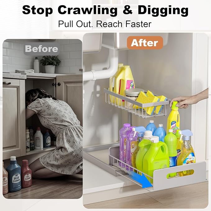 Under Sink Organizer, L-Shaped 2 Tier Pull Out Cabinet Organizer | For Kitchen and Bathroom, Slide Out Under Cabinet Storage, Metal Under Sink Storage with Sliding Drawer, 50 lbs, Grey 2 Pack