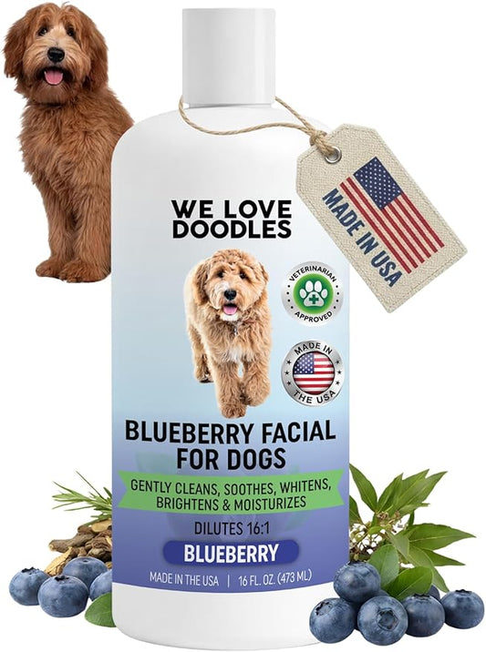 Blueberry Facial Dog Shampoo - Dog Tear Stain Remover, Brightens & Whitens Coat, Cleans & Deodorizes, Tearless, 16:1 Concentrated, 16 oz [We Love Doodles]