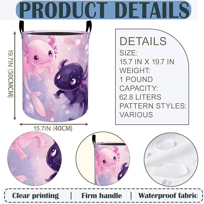 Axolotl Laundry Basket Hamper 19.7"x15.8", Axolotl Cartoon Foldable Waterproof Oxford Clothes Storage Bucket for Room Bathroom Bedroom Nursery Decor, Toy Organizer Bins Gifts for Kids Boys Girls