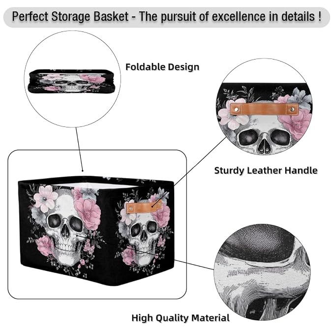 SEULIFE Floral Sugar Skull Flower Halloween Foldable Storage Basket, Large Collapsible Organizer Storage Bin Cube Toys Storage Boxes with Handles for Bathroom Kids Nursery Closet Storage, 1 Pack
