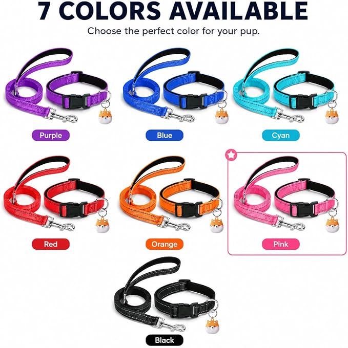 Reflective Soft Neoprene Padded Matching Dog Collar with Leash Airtag Holder Case Set Safety Breathable Adjustable Nylon Dog Collars for X-Small Small Medium Large Dogs-Pink-L