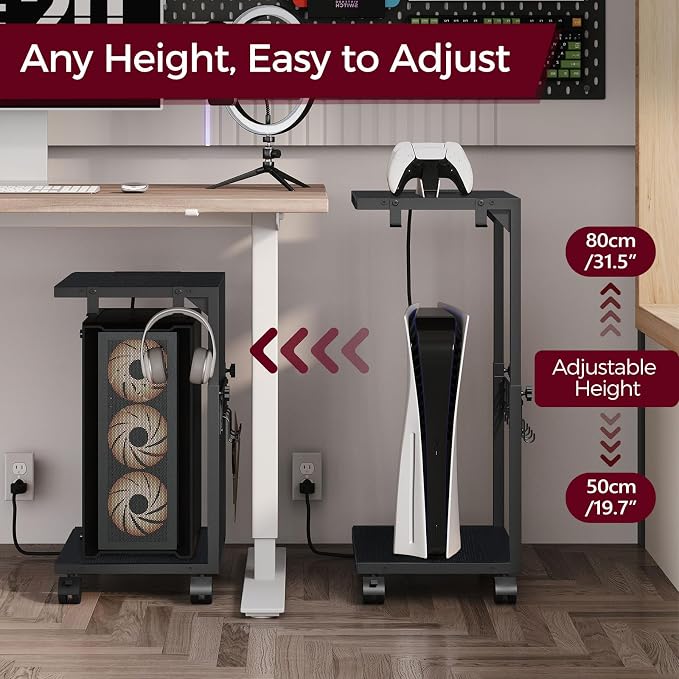 PC Stand, Height Adjustable Computer Tower Stand, 19.7"-31.5" H, Computer Cart with Charging Station, Wheels and Hooks, CPU Holder for Floor, Carpet and Under Desk, Easy Assembly, Black
