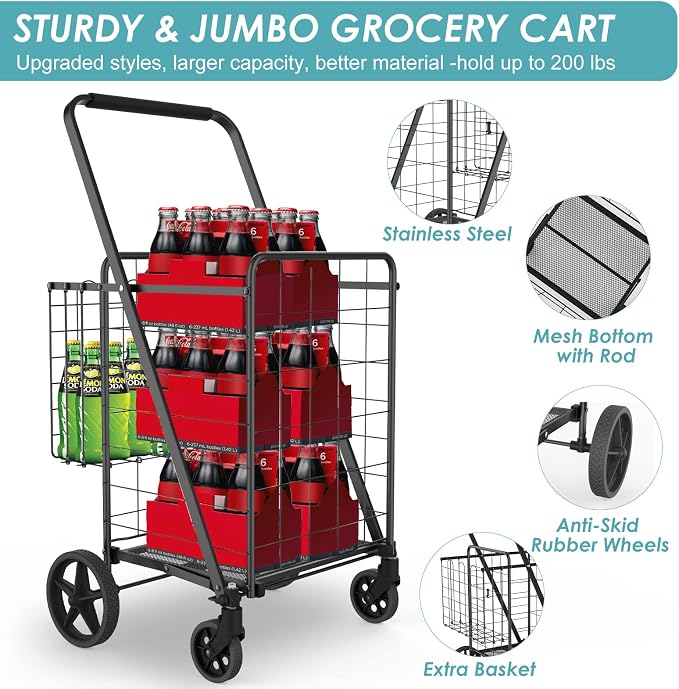 Upgraded Shopping Cart for Groceries,330LBS Jumbo Grocery Cart | Waterproof Liner, 360° Rolling Swivel Wheels and Double Basket, Heavy Duty Folding Shopping Carts for Laundry Transport