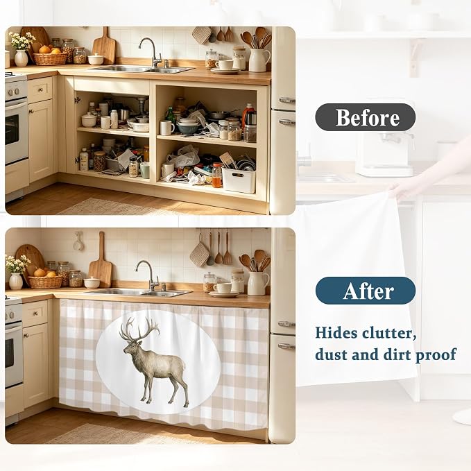 Majestic Buck Cabinet Dishwasher Hidden Curtains, Privacy Closet Door Curtain, Modern Natural Buck Rustic Farmhouse Plaid Adhesive Dust Proof Under Sink Skirt for Bathroom Kitchen 35"x35"