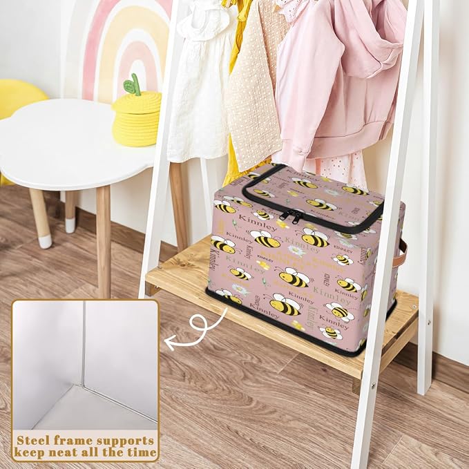 Custom Rectangle Storage Basket Zipper Lid, Personalized Name Organizer Bin for Pet/Children Toys, Books, Clothes, Perfect for Rooms/Playroom, Cartoon Bee with Daisy Floral Grey Pink