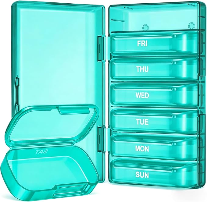 PULIV Weekly Pill Organizer with Large Capacity, Dual Protection (Cyan) | Pill Box 7 Day, Arthritis Friendly Pill Case Easy to Open, Medicine Organizer for Vitamins, Medication, Fish Oils, Supplement