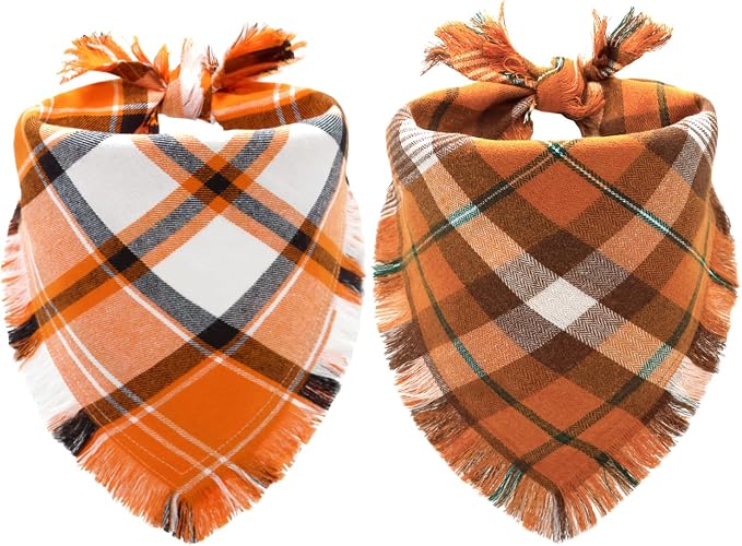 Fall Dog Bandanas 2PCS XLarge Plaid Tassels Halloween Thanksgiving Outfit | Fall festive 2-pack orange plaid bandanas with tassels.Ideal for Halloween parties,Thanksgiving dinners & holiday photos.