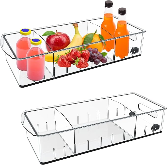2 Pack Fridge Organizer Bins with Wheels, Refrigerator Organizers and Storage Drawer with Removable Dividers, Clear Plastic Pantry Storage Bins, Kitchen Organization