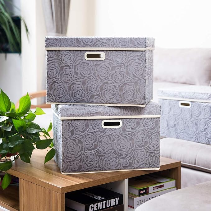 Larger Collapsible Storage Box with Lid [1-Pack] Fabric Decorative Storage Bin Cube Organizer Container Basket with Cover Handles for Bedroom Closet Living Room Gray 17.7x11.8x11.8 Inch