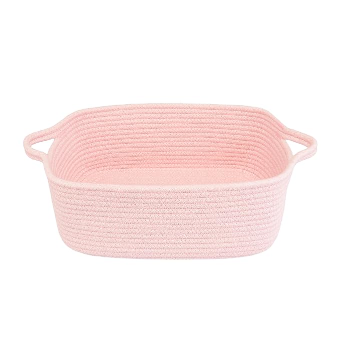 XUANGUO Medium Woven Cotton Rope Storage Basket with Handles, Light Pink | Small decorative rectangle storage bin for baby nursery items and cat toys; ideal as an empty gift basket or dog toy basket