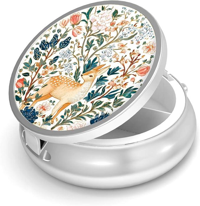 Pill Box-3 Compartment Small Pill Case for Purse & Pocket Mini Metal Pill Holder Travel Pill Container to Hold Supplements Vitamins BPA-Free (Deer)