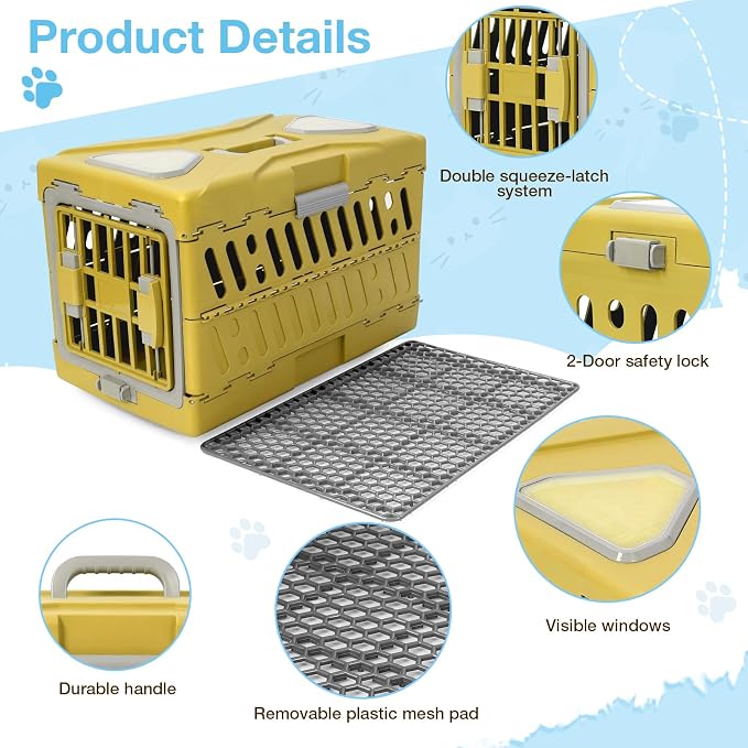 Collapsible Cat Carrier Hard, Plastic Hard-Shell Pet Carrier Travel | Front Door with Double Squeeze-Latch System, 4-Sided Ventilation, Fits Pets Up to 22 lbs, Size 22"L x 13"W x 14.6"H