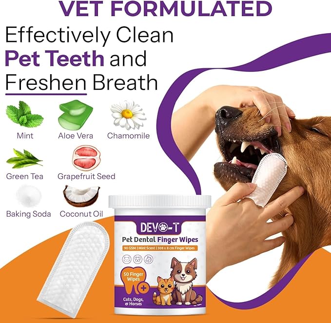 DEVO-T 100% Natural Dog Teeth Cleaning Wipes Unscented | 50 Count | Pet Teeth Cleaning Finger Wipes for Dogs, Cats & Horses | Remove Bad Breath, Plaque & Tartar Buildup | Dog Dental Wipes Finger