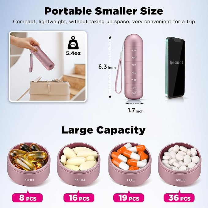 Zannaki Metal Moisture Proof Weekly Pill Organizer, Stackable Aluminum Alloy BPA Free Travel Hiking 7 Day Pill Box Case Waterproof and Large Compartment to Hold Pills, Vitamins, Fish Oil, Supplements