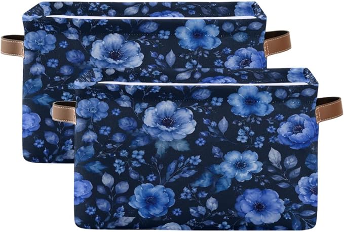 Kigai Storage Basket, Fabric Collapsible Closet Organizer Bin | Blue Flowers Waterproof Foldable Canvas Basket with Handles for Shelves, Nursery, Closet, Bedroom & Bathroom