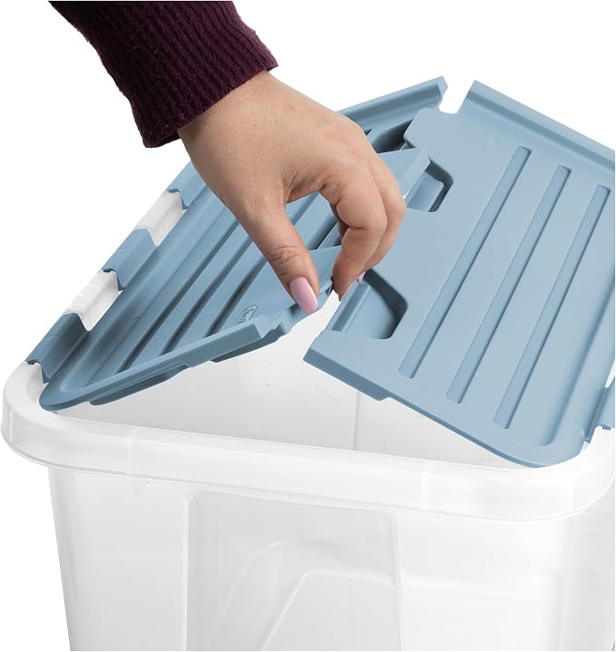 Sterilite Hinged Lid Storage Box, Plastic Container, 30 Quart, 12-Pack | Washed Blue - Home Organizer Tote for Storing Shoes, Crafts, Clothing, or Decor