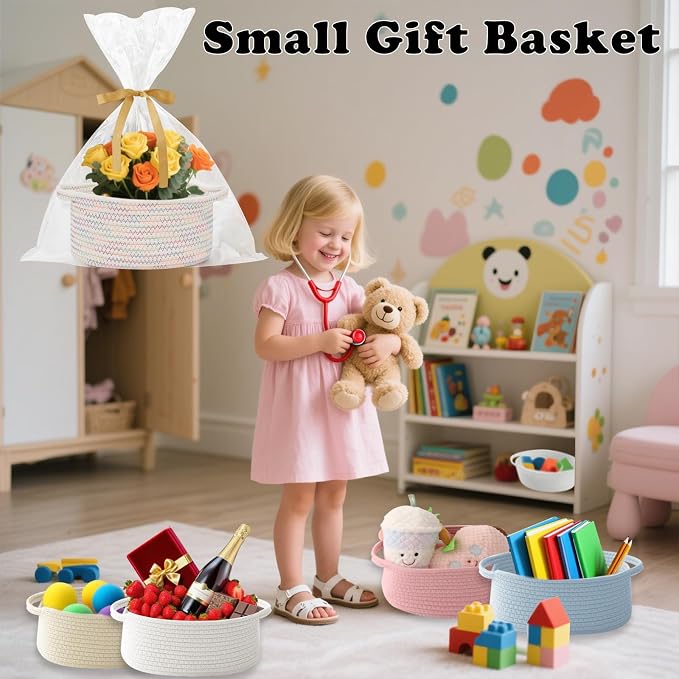 Small Woven Rope Basket,Baby Gift Basket with Bag & Ribbon | Cotton rope with handle, 12x8x5 in, gift bag and ribbon, for baby shower, birthday, toy storage, nursery, shelf decor