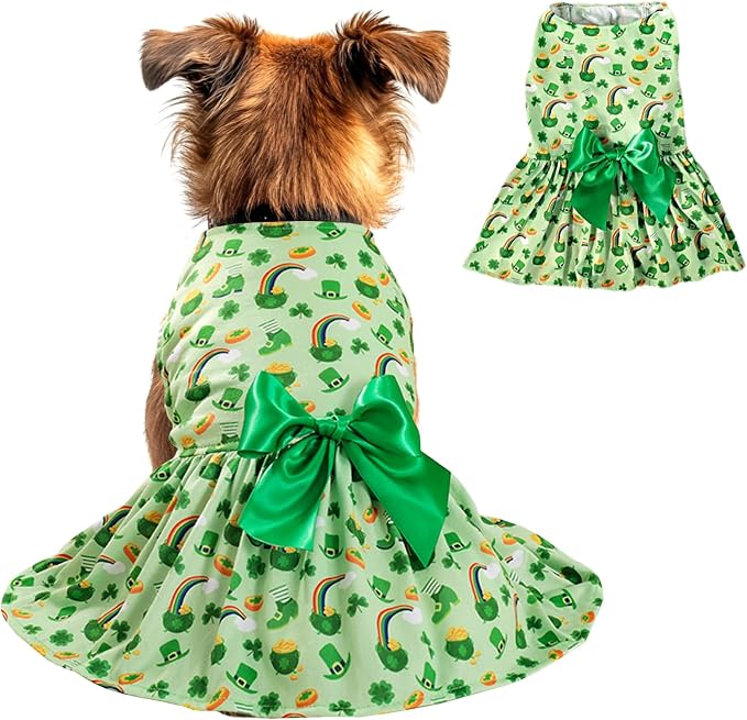 St. Patrick's Day Dog Costume Dress M – Lucky Clover and Horseshoe Design with Green Bow, Pet Outfit for 8-9 lbs Dogs and Cats, Holiday Party Clothes