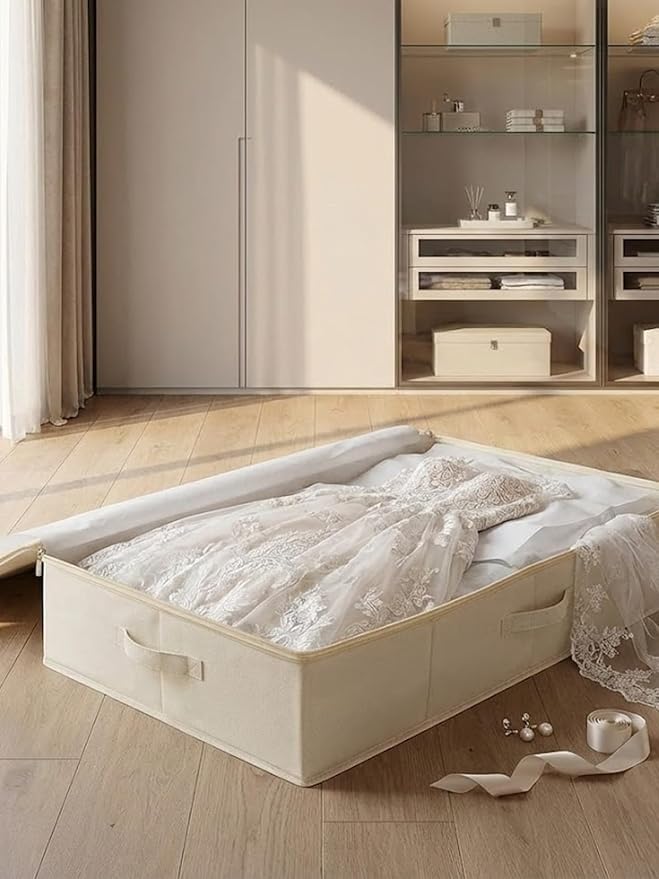 punemi 6 inch Tall Sturdy Under Bed Storage Box, 2Pack, Beige | Wedding Dress Storage Box with Sturdy Zipper & Handles,50L Large Capacity for Blankets, Pillows, Comforters & Quilts