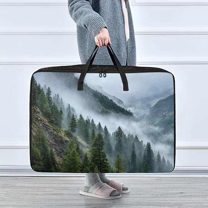 Comforter Storage Bags Large Folding Blanket Organizer Bag with Strong Handles Clear Window Closet Storage Containers for Clothes King Queen Pillows Bedding Quilt Duvet Green Tree Forest Fog