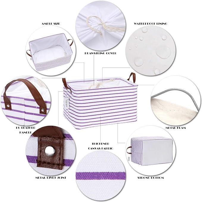 Hinwo 31L Large Canvas Storage Bin with Lid and Handles | Collapsible Fabric Basket, Closet Shelf Organizer, Container for Clothing, Blankets, Toys, Bedding (Purple Stripe)