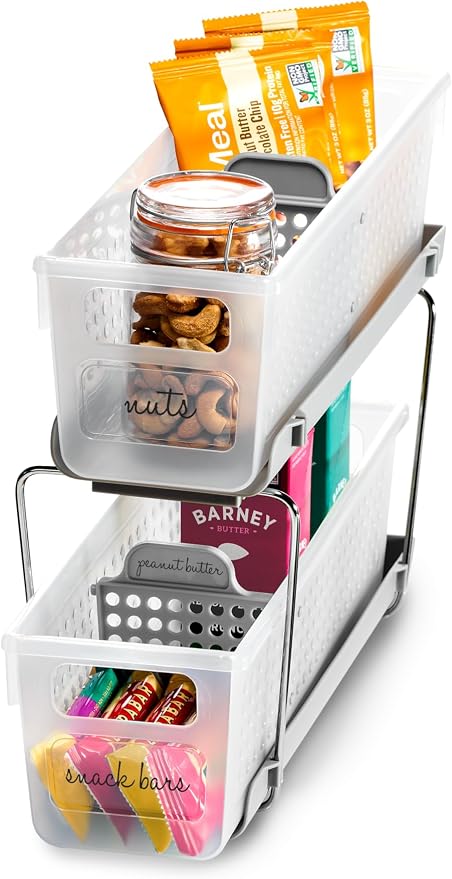madesmart Mini 2-Tier Organizer, Multi-Purpose Slide-Out Storage with Handles and Dividers for Home and Bath, Frost | pull out bins, adjustable dividers, tiered access, cleaning supplies, under sink use, pantry bottles, woman owned