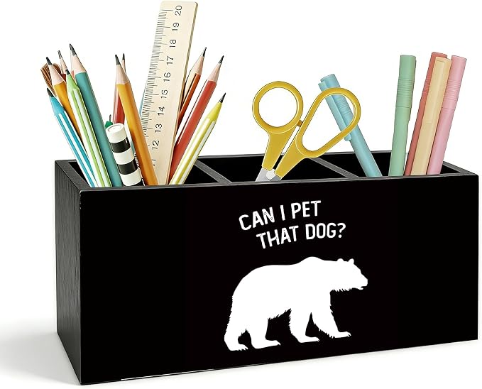 Funny Bear Pen Holder for Desk, Bear Lover Gifts for Women Men, Can I Pet that Dog Wooden Box Pencil Pen Holder Organizer for Home Office Desk Accessories