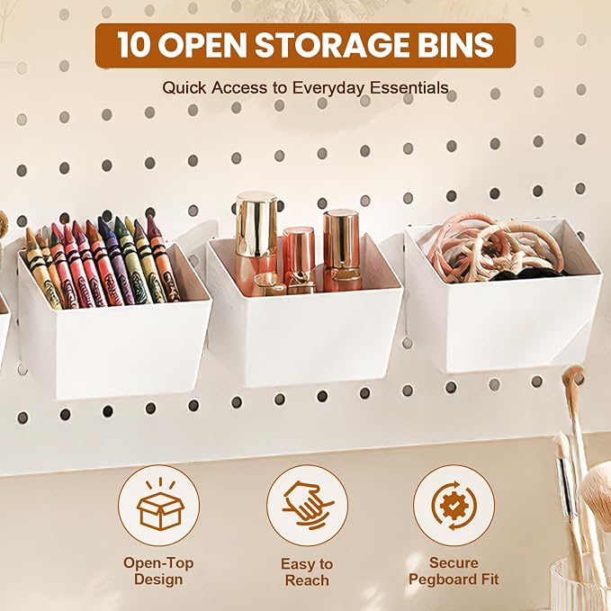 20PCS Pegboard Organizer Accessories, 10 Clear PET Jars with Lids & 10 Open ABS Bins, Fits 1/8” & 1/4” Pegboards, Wall Organizer Set for Garage, Workshop, Craft Room, Office & Home