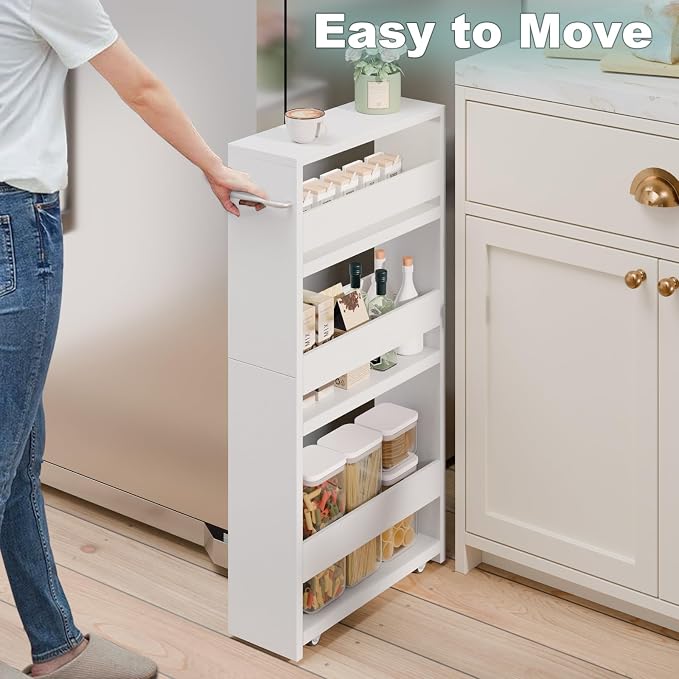 MARTY Slim Rolling Storage Cart, Wood Utility Kitchen Bathroom Laundry Cart | 4 Tier Kitchen Cart with Wheels Handle, Laundry Room Organization, Narrow Bathroom Storage Cabinet, 5.5" Wide Storage Trolley